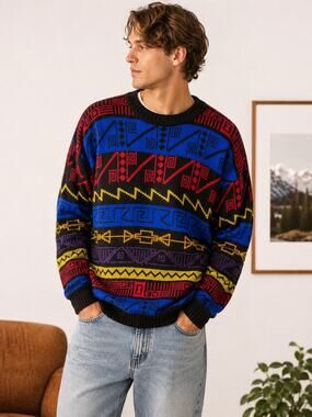 VTG Demetre Mens L Geometric Knit Sweater Abstract Southwestern Crew Neck Wool